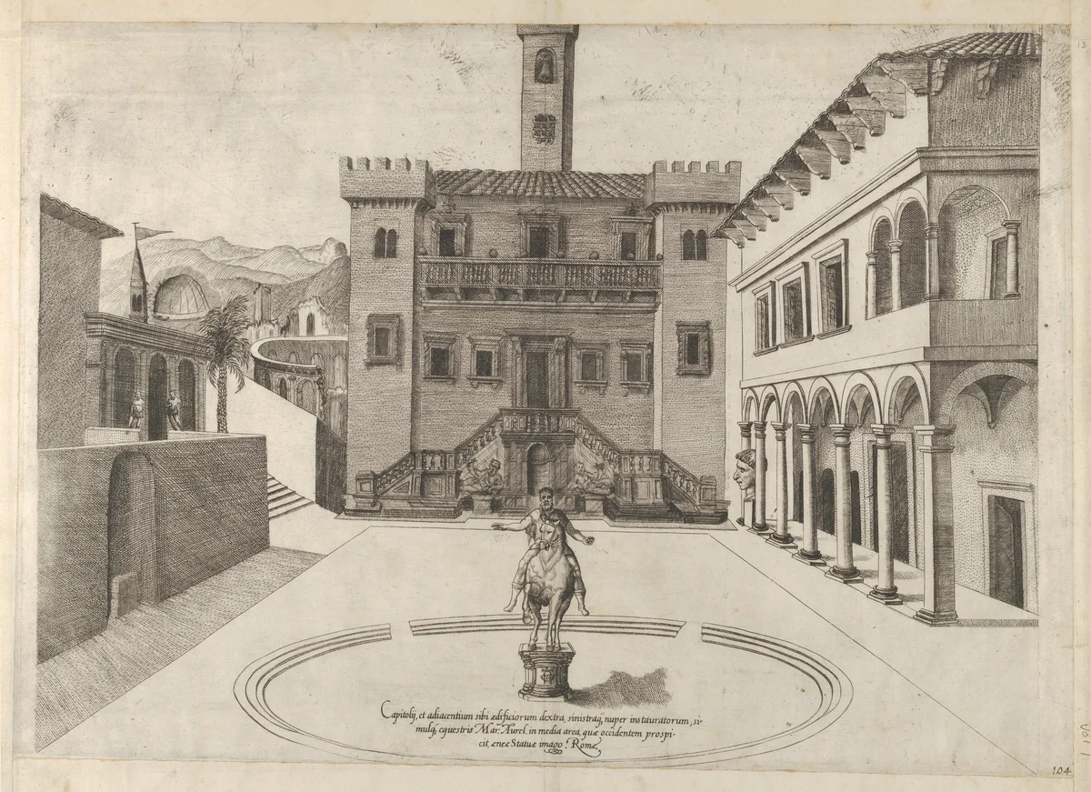 View of the Capitoline Hill during Michelangelo's restoration, the equestrian monument of Marcus Aurelius in the center, from "Speculum Romanae Magnificentiae" by anonymous, print, 1556-1566