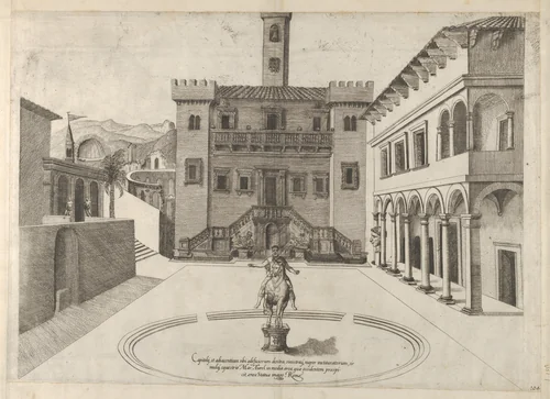 View of the Capitoline Hill during Michelangelo's restoration, the equestrian monument of Marcus Aurelius in the center, from "Speculum Romanae Magnificentiae" by anonymous, print, 1556-1566