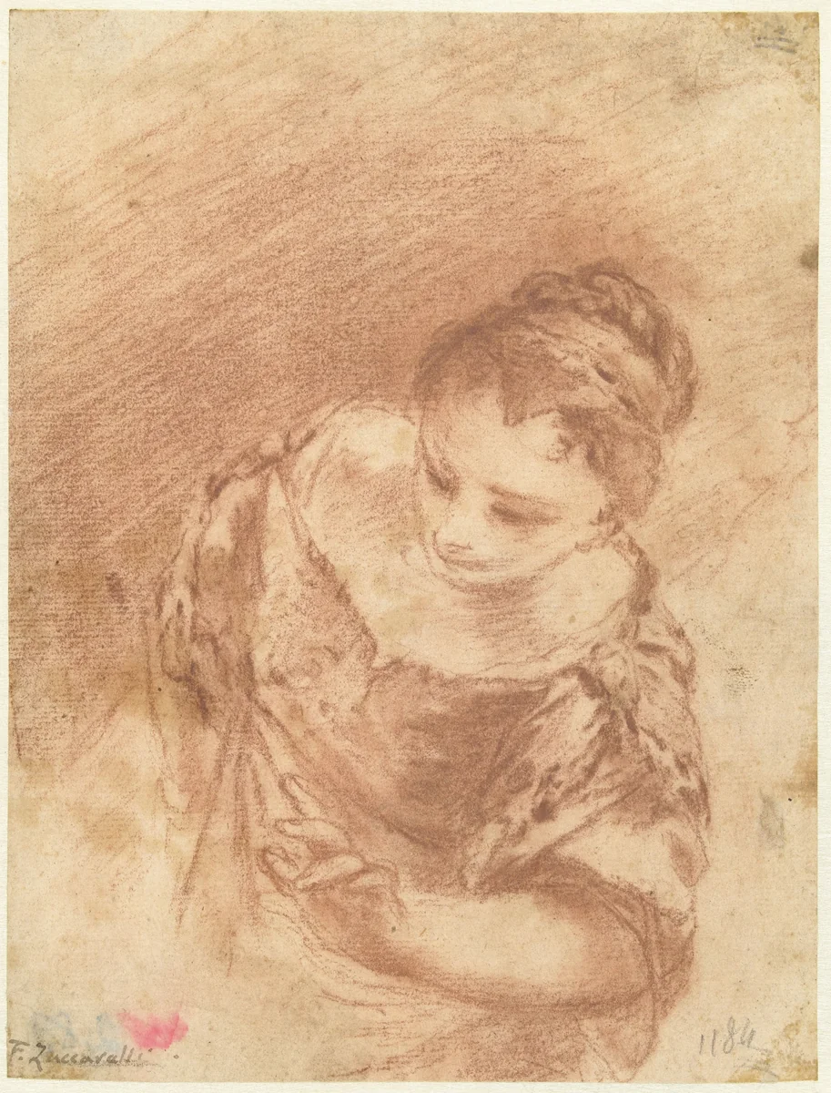 Borstbeeld van een zich vooroverbuigende jonge vrouw by Francesco Zuccarelli, drawing, 1730-1770