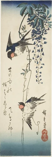 Swallows and wisteria by Utagawa Hiroshige (歌川広重), print, 1840-1849