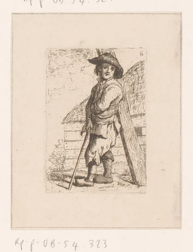 Boerenman leunend tegen een houten paal by Hendrik Willem Schweickhardt, print, 1756-1797