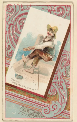 Fishing, "Help me pull him in," from the Terrors of America set (N136) issued by Duke Sons & Co. to promote Honest Long Cut Tobacco by W. Duke, Sons & Co., print, 1888-1889