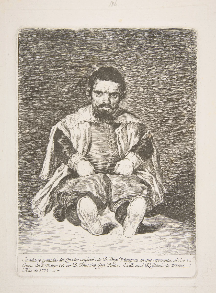 Portrait of the court dwarf known as el Primo, after Velázquez by Goya, print, 1778