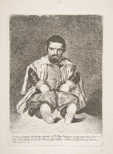 Portrait of the court dwarf known as el Primo, after Velázquez by Goya, print, 1778