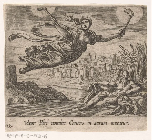 Canens zoekt naar Picus by Antonio Tempesta, print, 1606-1638
