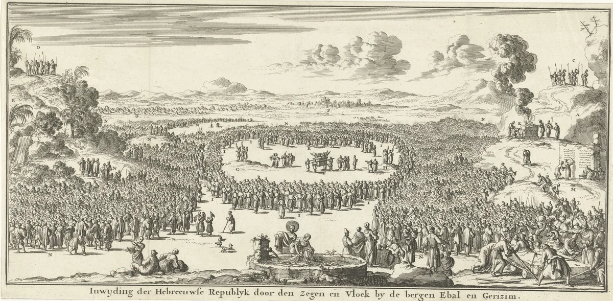 Israëlieten brengen brand- en vredeoffers op de bergen Ebal en Gerizim by Jan Luyken, print, 1683