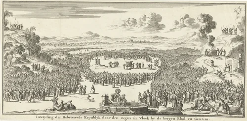 Israëlieten brengen brand- en vredeoffers op de bergen Ebal en Gerizim by Jan Luyken, print, 1683