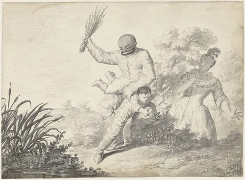 Scène uit de Commedia dell'Arte met jongen die slaag krijgt van een man by Gerardus Josephus Xavery, drawing, 1710-1800