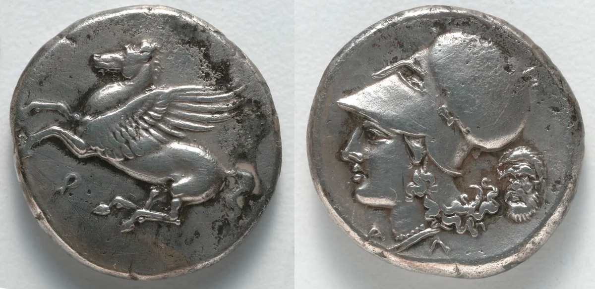 Stater: Pegasos (obverse); Head of Athena (reverse) by Unknown, metalwork, -355--333