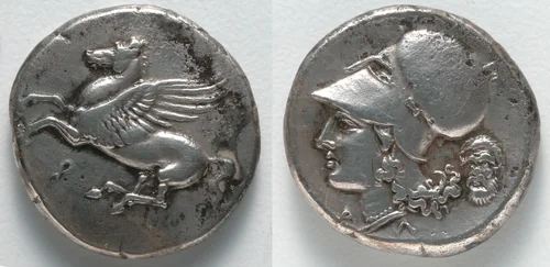 Stater: Pegasos (obverse); Head of Athena (reverse) by Unknown, metalwork, -355--333