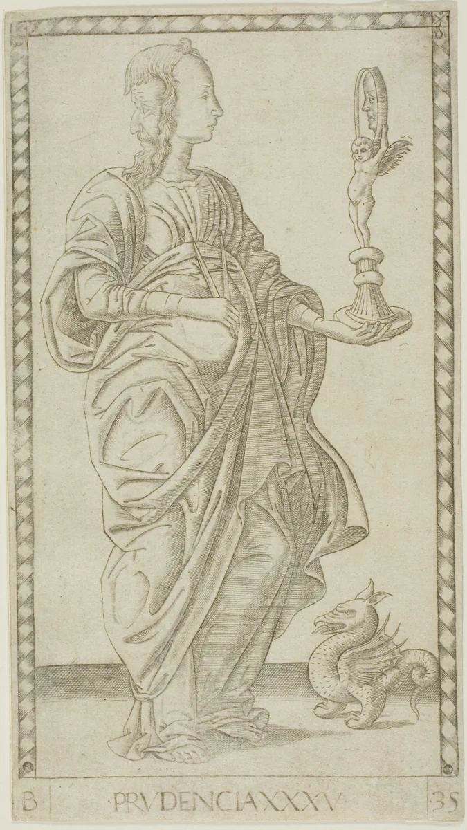 Prudence, plate 35 from Genii and Virtues by Master of the E-Series Tarocchi, print, 1460-1470