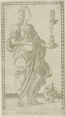 Prudence, plate 35 from Genii and Virtues by Master of the E-Series Tarocchi, print, 1460-1470