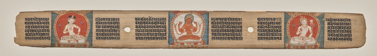 Prajnaparamita flanked by a white female figure and a white bodhisattva, folio 90 (recto), from a Manuscript of the Perfection of Wisdom in Eight Thousand Lines (Ashtasahasrika Prajnaparamita-sutra) by Unknown, painting, 1119