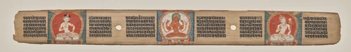 Prajnaparamita flanked by a white female figure and a white bodhisattva, folio 90 (recto), from a Manuscript of the Perfection of Wisdom in Eight Thousand Lines (Ashtasahasrika Prajnaparamita-sutra) by Unknown, painting, 1119