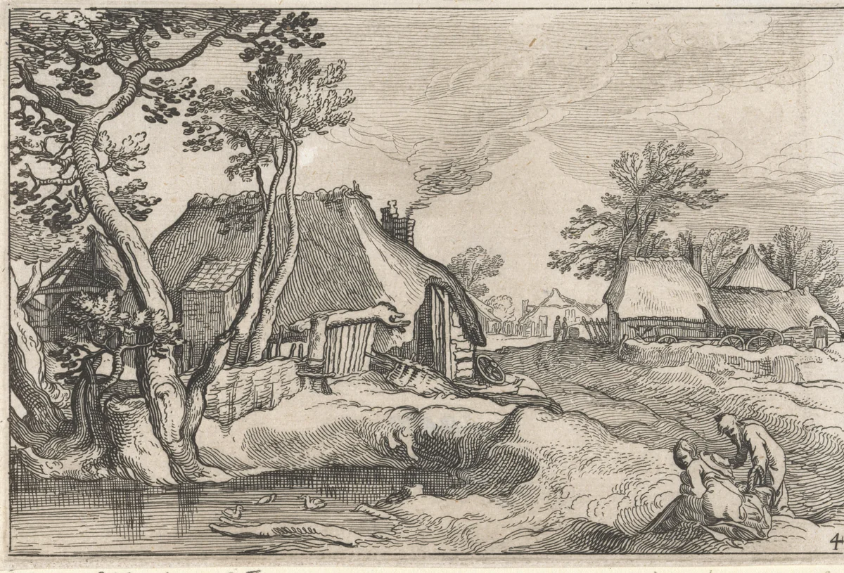Groep boerderijen in een landschap by Claes Jansz Visscher, print, 1620