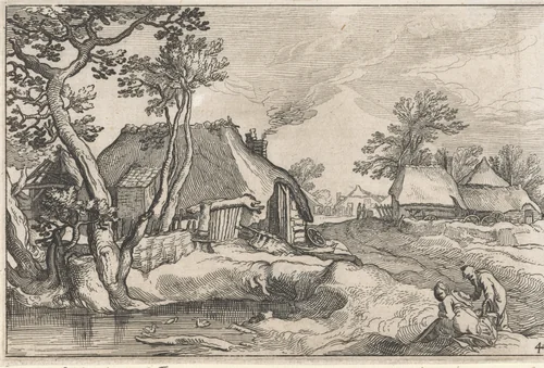 Groep boerderijen in een landschap by Claes Jansz Visscher, print, 1620