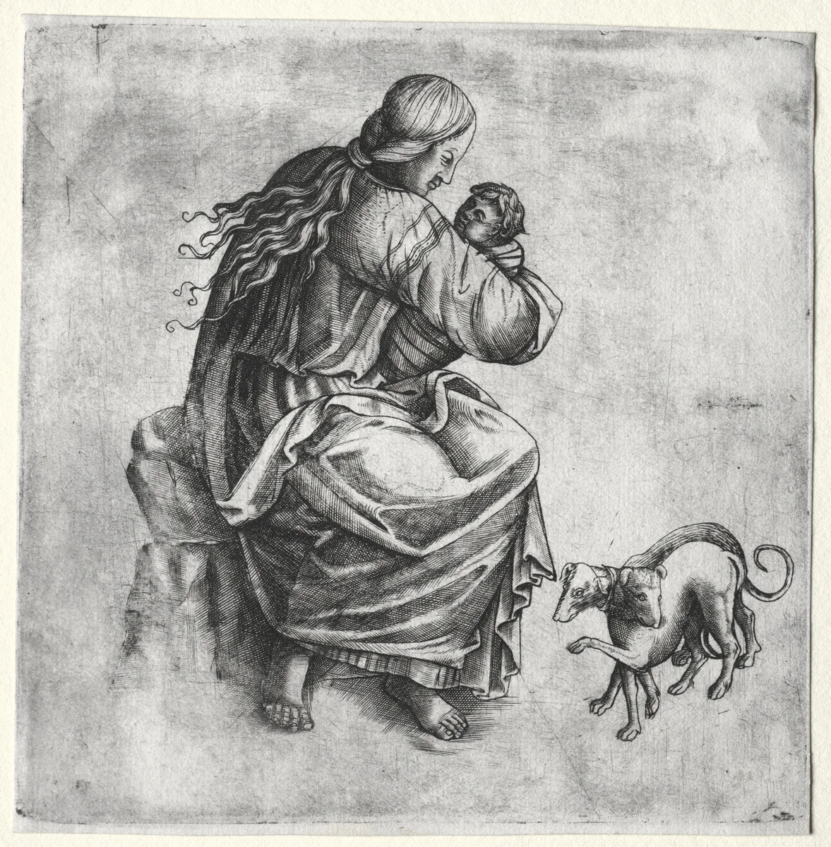 Mother and Child with Two Dogs by Unknown, print, 1400-1500
