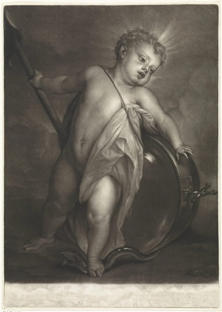 Christuskind als Salvator Mundi by Pieter van Bleeck, print, 1754