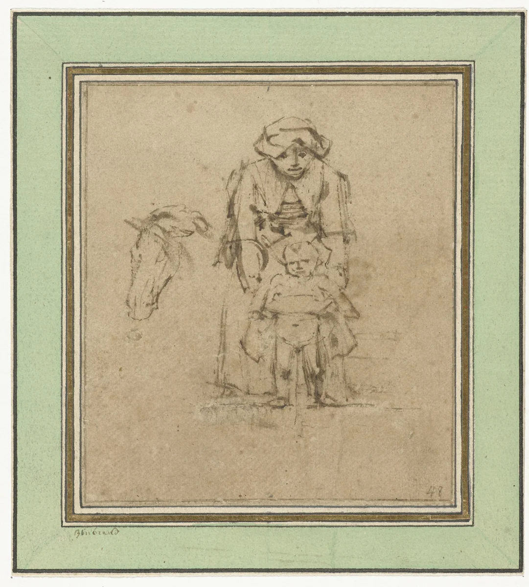 Vrouw met een plassend kind by Rembrandt van Rijn, drawing, 1658-1660