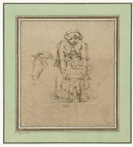 Vrouw met een plassend kind by Rembrandt van Rijn, drawing, 1658-1660