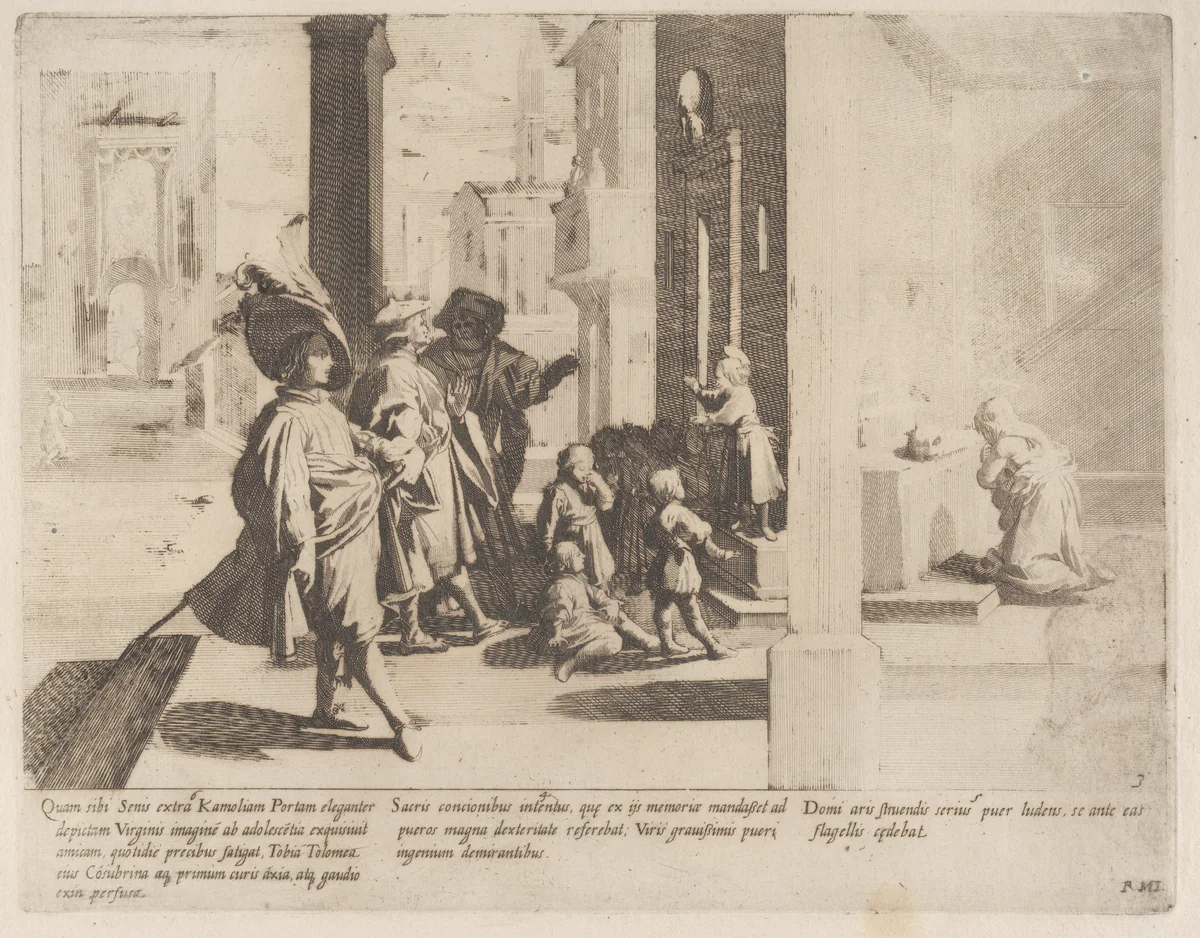 Episode 4: The Young Saint Bernardino preaches to a group of boys while important men admire him; Episode 5: The Young Saint Bernardino scourges himself; Episode 6: Saint Bernardino's cousin prays before an image of the Virgin, from "The Life of Saint Bernardino of Siena" by Bernardino Capitelli, print, 1610-1639