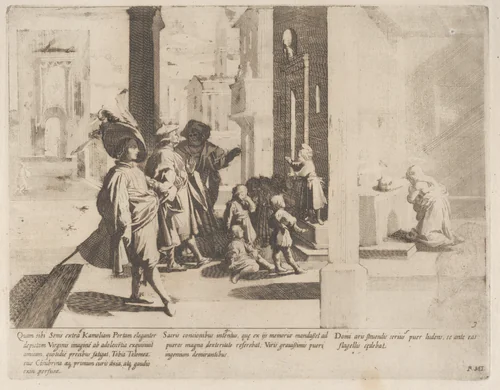 Episode 4: The Young Saint Bernardino preaches to a group of boys while important men admire him; Episode 5: The Young Saint Bernardino scourges himself; Episode 6: Saint Bernardino's cousin prays before an image of the Virgin, from "The Life of Saint Bernardino of Siena" by Bernardino Capitelli, print, 1610-1639