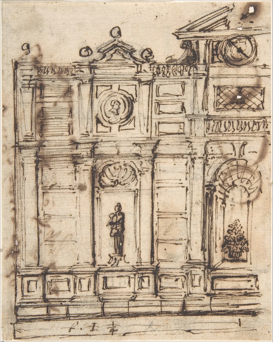 Left Half of a Design for Garden Architecture by anonymous, drawing, 1600-1700
