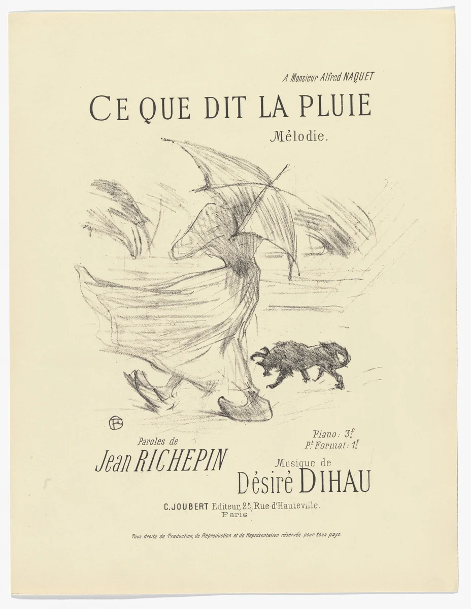 What the Rain Says (Ce que dit la pluie) from Quatorze lithographies originales (Mélodies de Désiré Dihau) by Henri de Toulouse-Lautrec, illustrated book, 1895