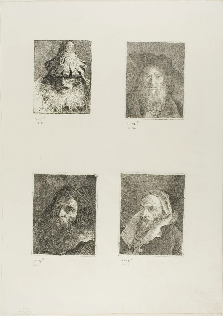 Old Man with a Conical Hat, Old Man with a Hat, Old Man with a Beard, Bearded Old Man with a Cap by Giovanni Domenico Tiepolo, print, 1775