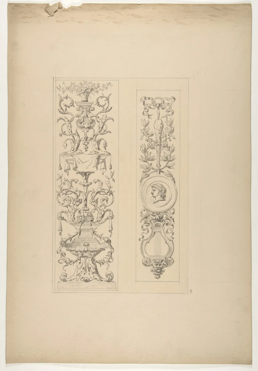 Two designs for decorative panels in rococco style by Jules-Edmond-Charles Lachaise, drawing, 1830-1897