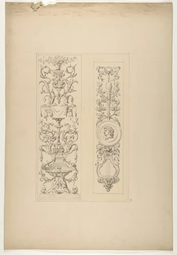 Two designs for decorative panels in rococco style by Jules-Edmond-Charles Lachaise, drawing, 1830-1897