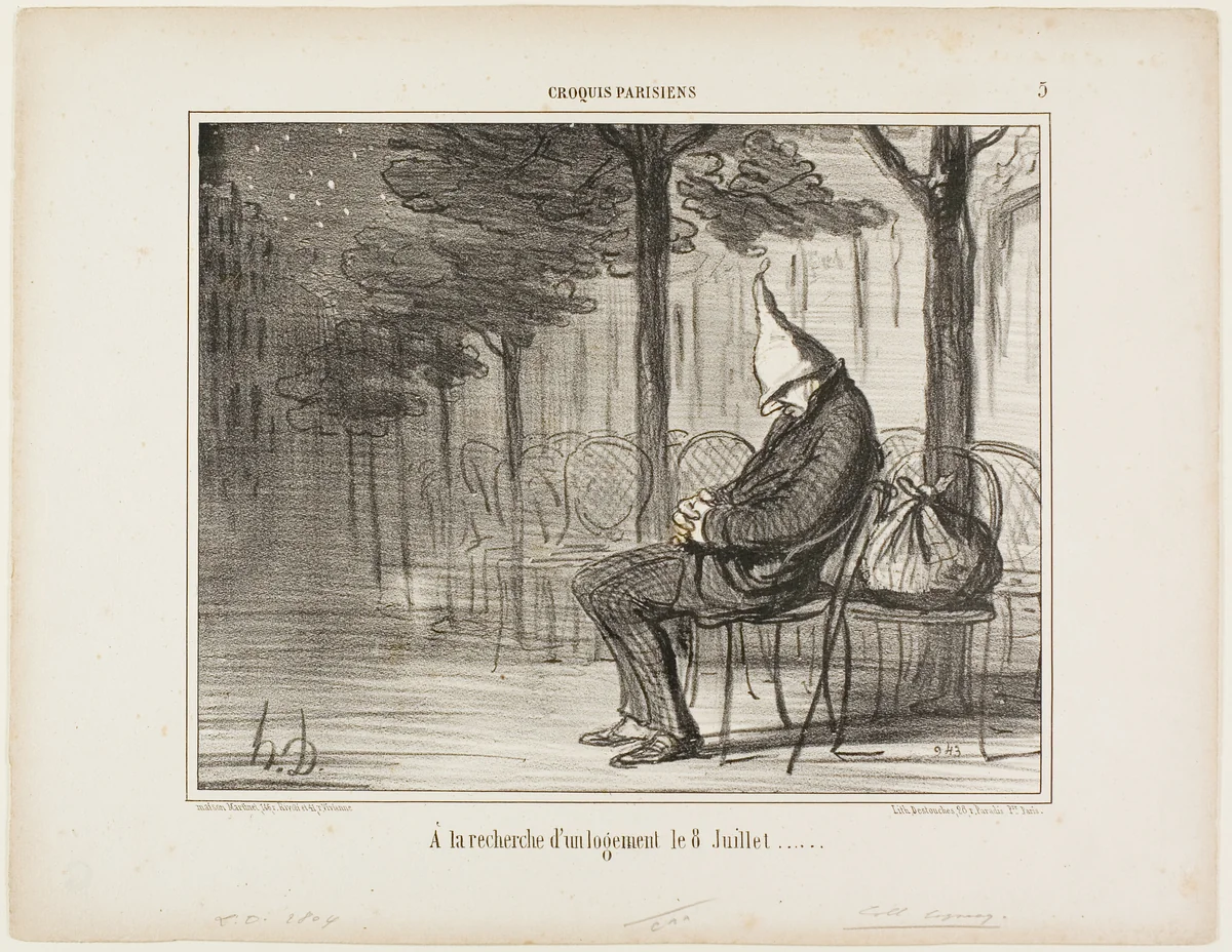 Looking for an Overnight Accommodation on the Eighth of July, plate 5 from Croquis Parisiens by Honoré-Victorin Daumier, print, 1856
