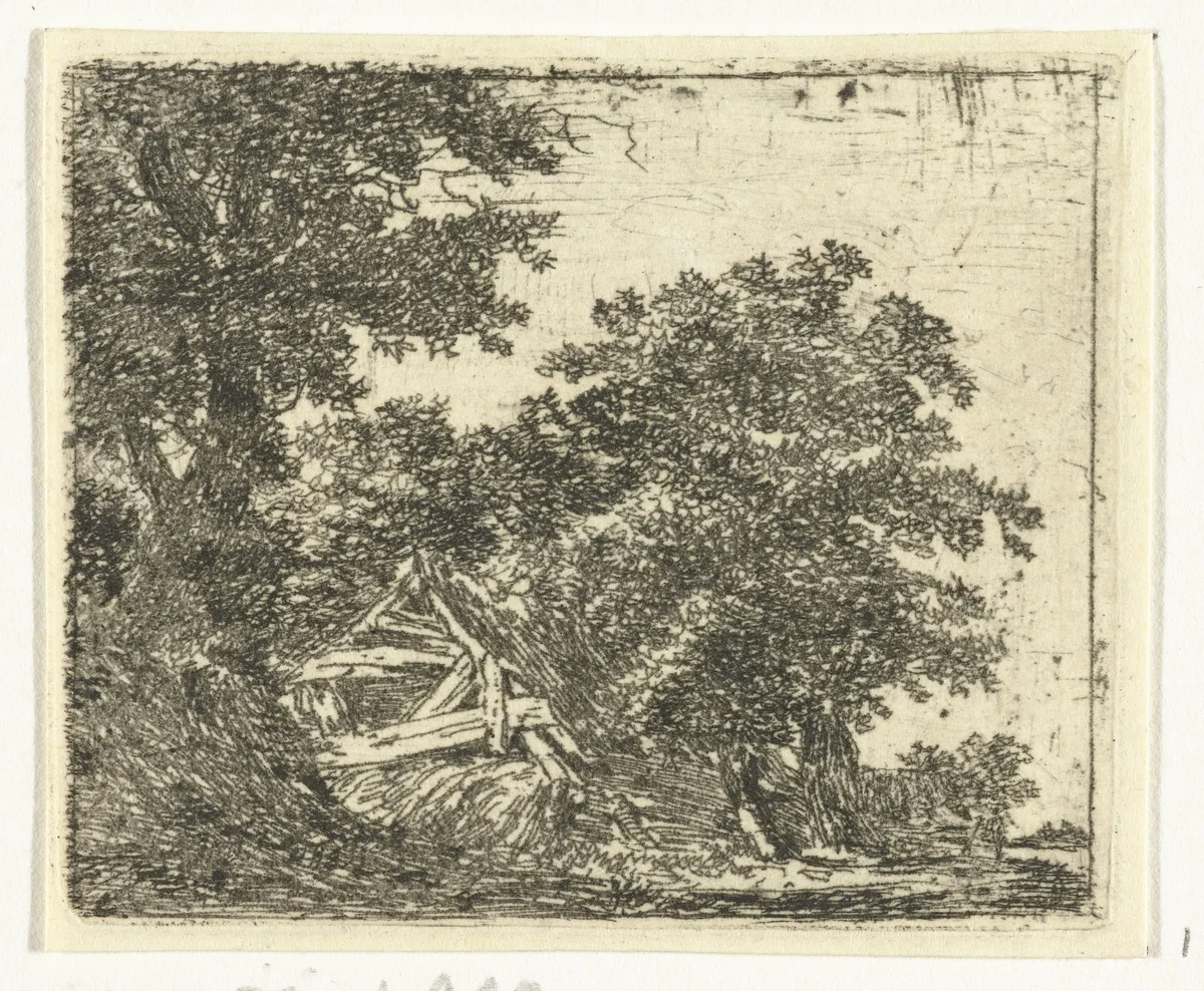 Vervallen hut in bos by Hermanus van Brussel, print, 1800-1815