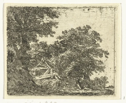 Vervallen hut in bos by Hermanus van Brussel, print, 1800-1815