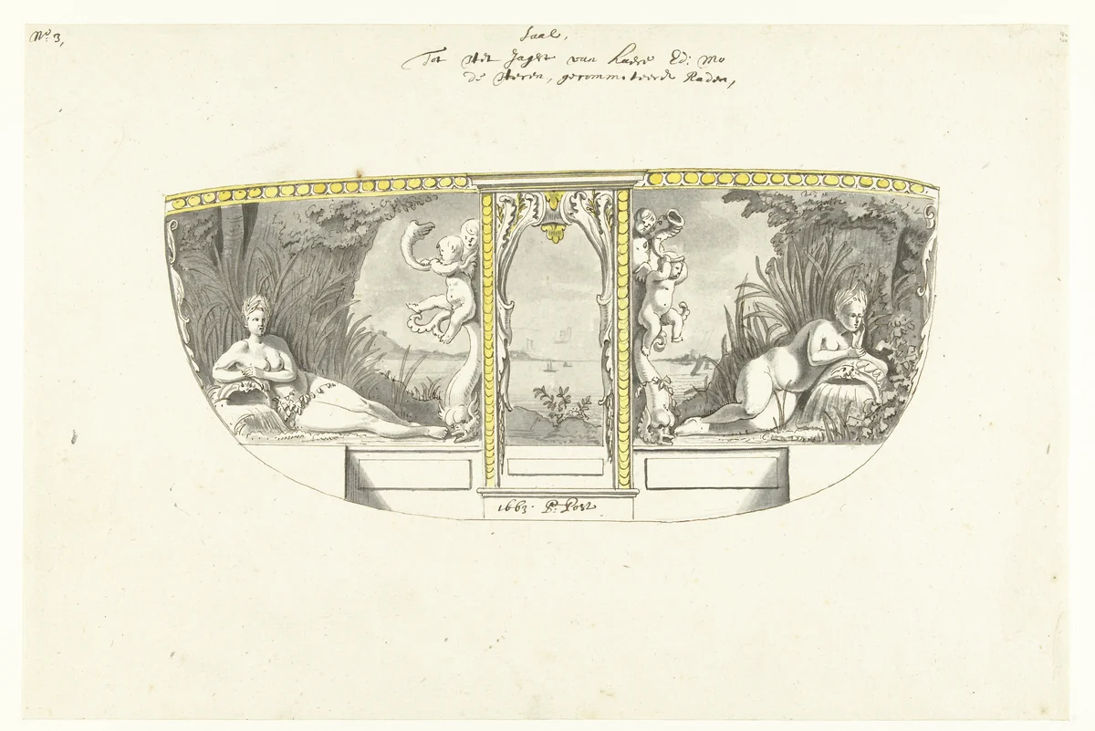 Interieurdecoratie van statenjacht met stroomnimfen by Pieter Jansz. Post, drawing, 1663