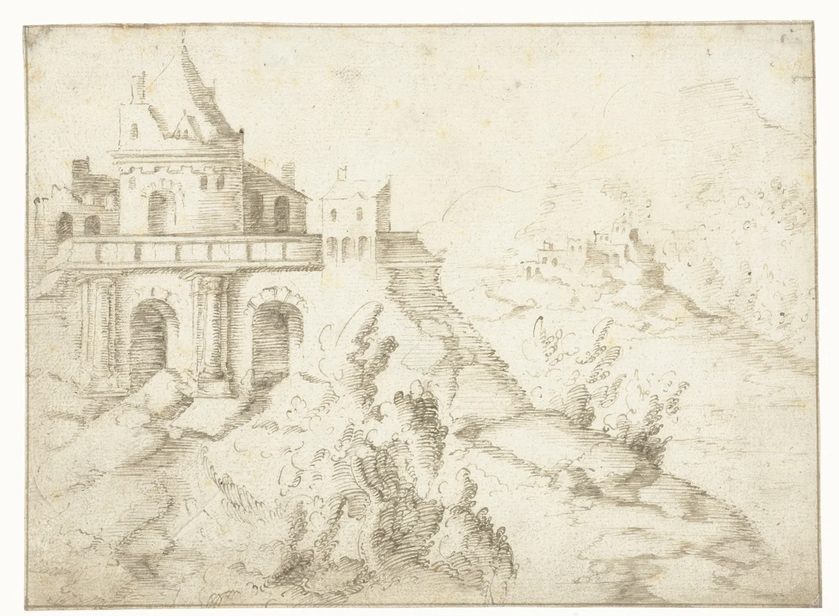 Landschap met ronde toren op een plateau by Aertgen Claesz van Leyden, drawing, 1508-1564