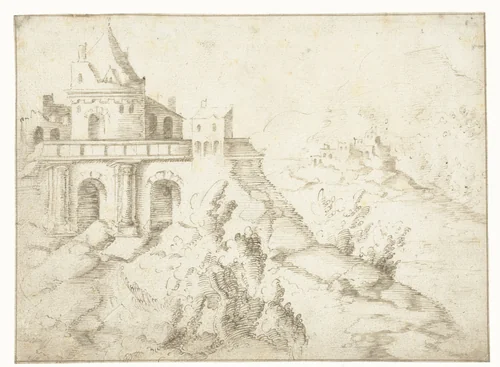 Landschap met ronde toren op een plateau by Aertgen Claesz van Leyden, drawing, 1508-1564
