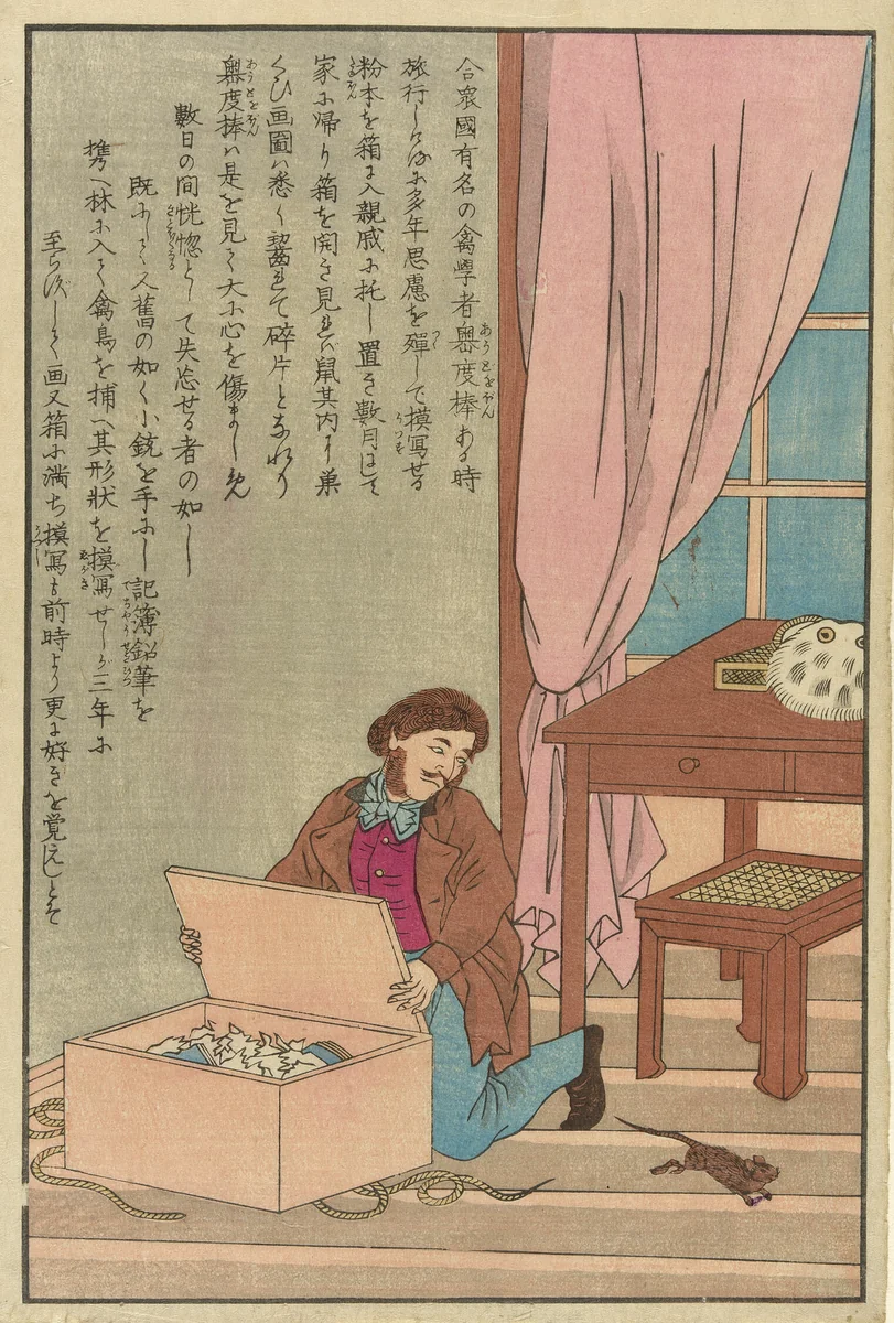 John James Audubon discovering his drawings eaten by a rat by Artist Unknown, print, 1870-1879