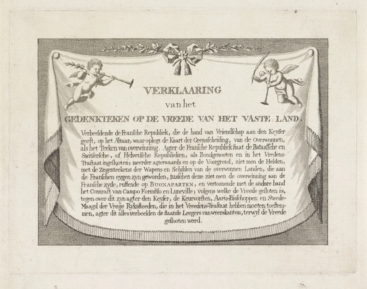 Verklaring van de prent met de Allegorie op de Vrede van Campo Formio, 1797 by anonymous, print, 1797