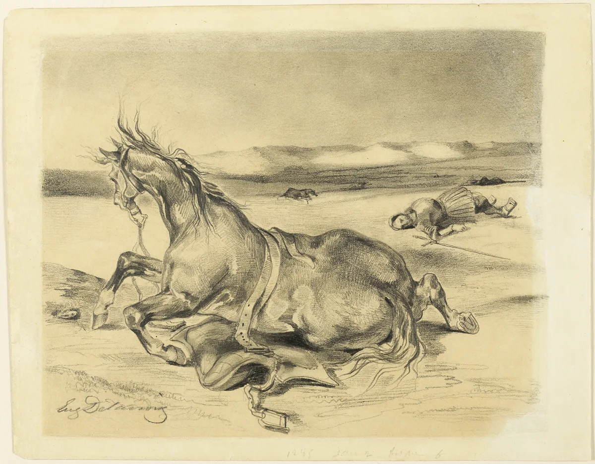 Fallen Horse and Dead Knight by Eugène Delacroix, drawing, 1817-1829