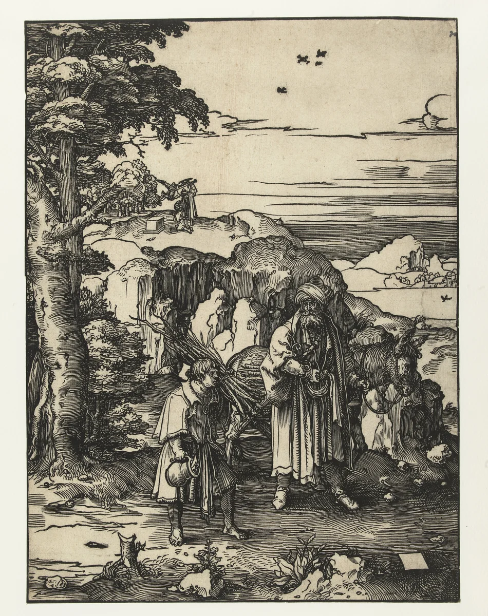 Abraham en Isaak by Lucas van Leyden, print, 1515-1519