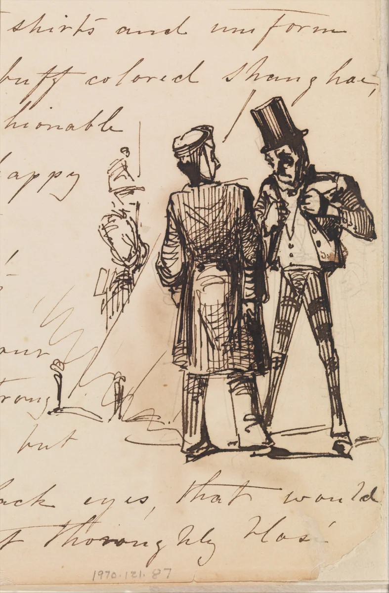 Three Men (Sketch in Lower Right Hand Corner of Handwritten Journal (from Sketchbook) by James McNeill Whistler, artwork, 1854