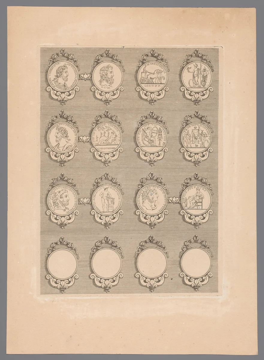 Zestien penningen met versierde lijsten, waarvan vier blanco by Simon de la Boissière, print, 1647-1682