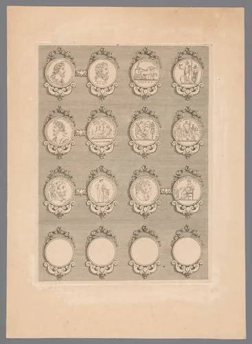 Zestien penningen met versierde lijsten, waarvan vier blanco by Simon de la Boissière, print, 1647-1682