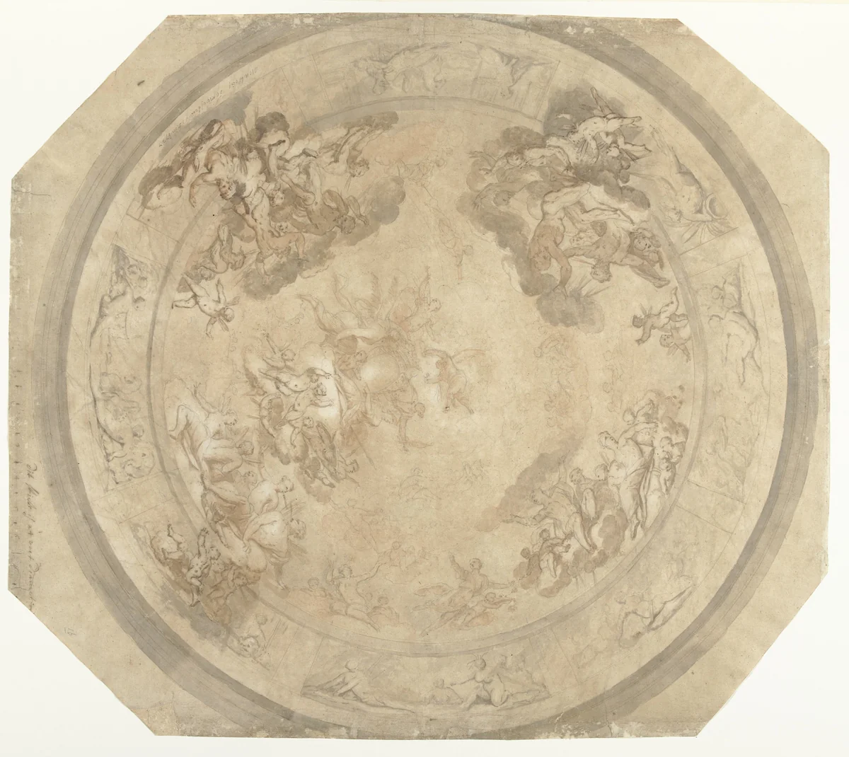 Ontwerp voor een rond plafondstuk met de vier windstreken by Mattheus Terwesten, drawing, 1727