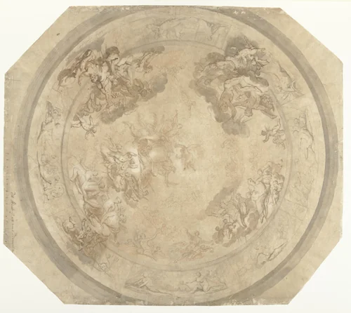 Ontwerp voor een rond plafondstuk met de vier windstreken by Mattheus Terwesten, drawing, 1727