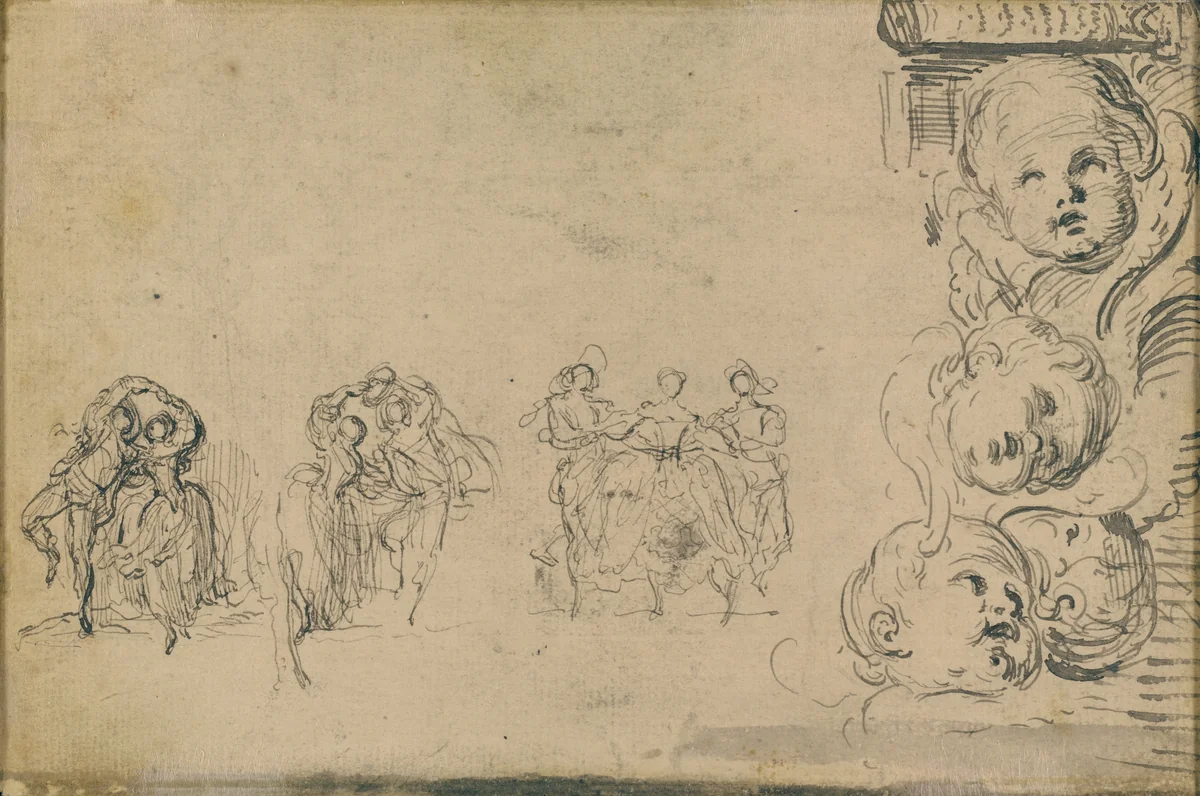 Sketches of Dancers and Heads of Putti by Gabriel de Saint-Aubin, drawing, 1748