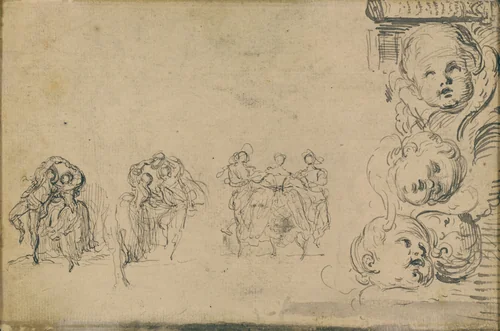 Sketches of Dancers and Heads of Putti by Gabriel de Saint-Aubin, drawing, 1748