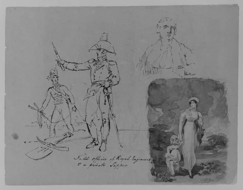 Portrait of a Cleric; Standing Man in Animal Skins; Portrait of a Woman; Man's Head (from Sketchbook) by Thomas Sully, artwork, 1810-1820