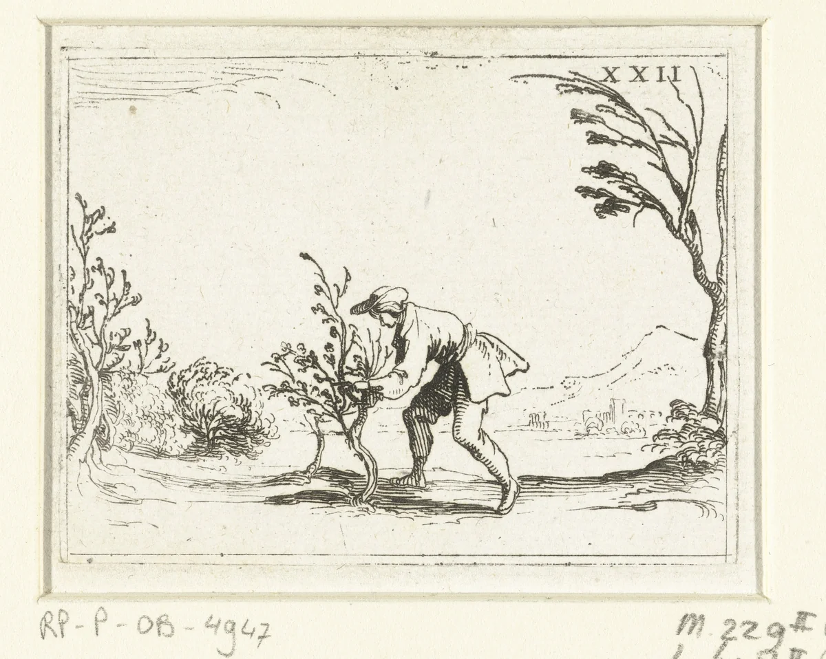 Een man snoeit een boompje by Jacques Callot, print, 1625-1629